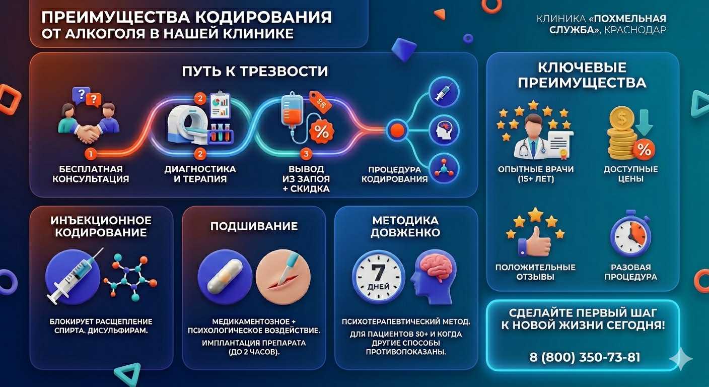 Инфографика о методах кодирования от алкоголя в Санкт-Петербурге: инъекции, подшивание, метод Довженко. Преимущества клиники и этапы лечения.