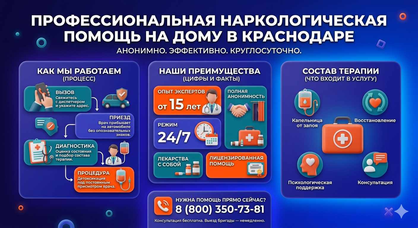 Инфографика о принципах лечения алкоголизма на дому в Санкт-Петербурге: этапы вызова нарколога, преимущества анонимной детоксикации и состав медицинской помощи.